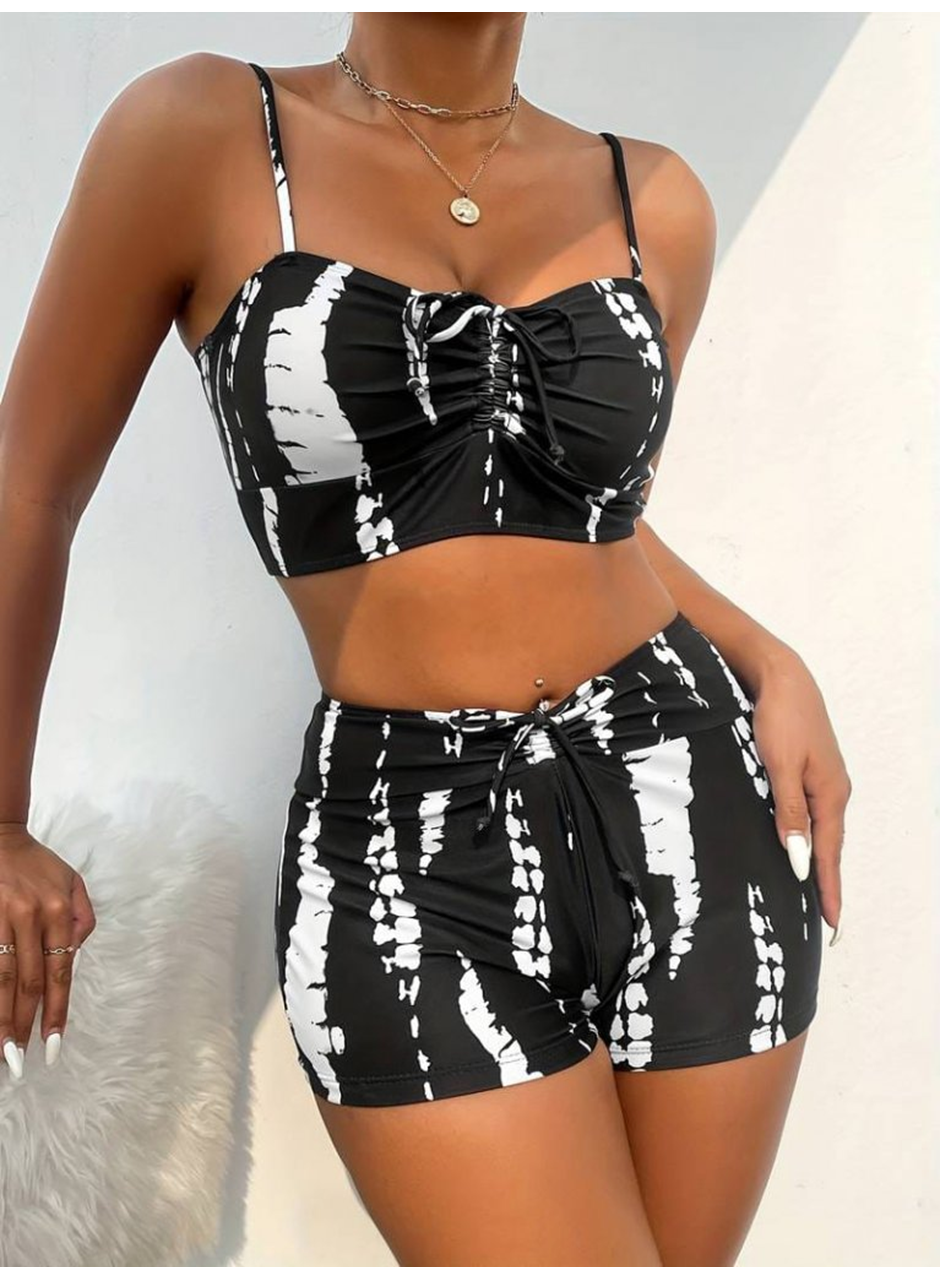 Kadın Büzgü Detay Askılı Crop Mini Tayt Ikili Takım