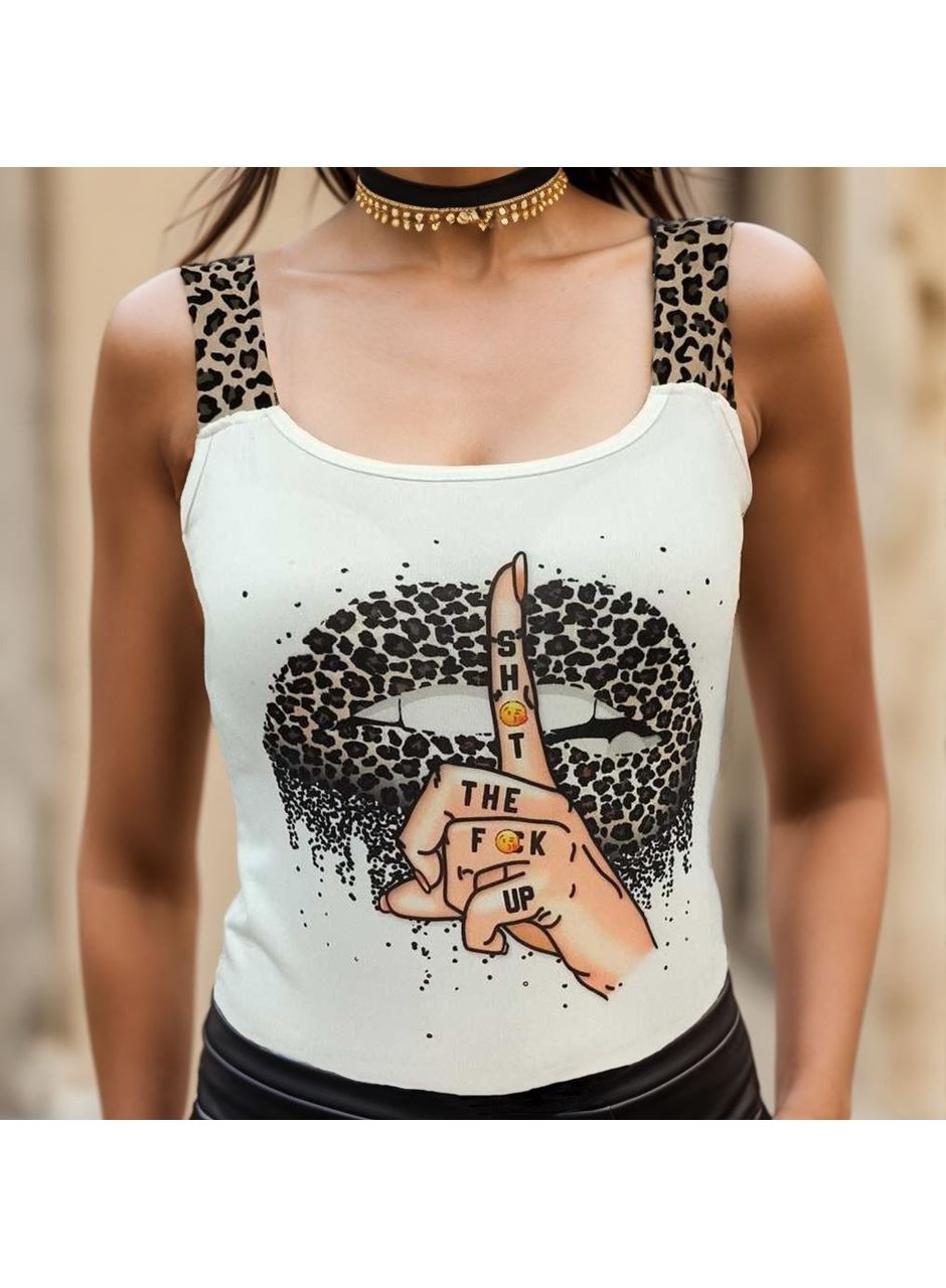 Kadın Leopar Askılı Leopar Baskılı Mikro Kumaş Bluz