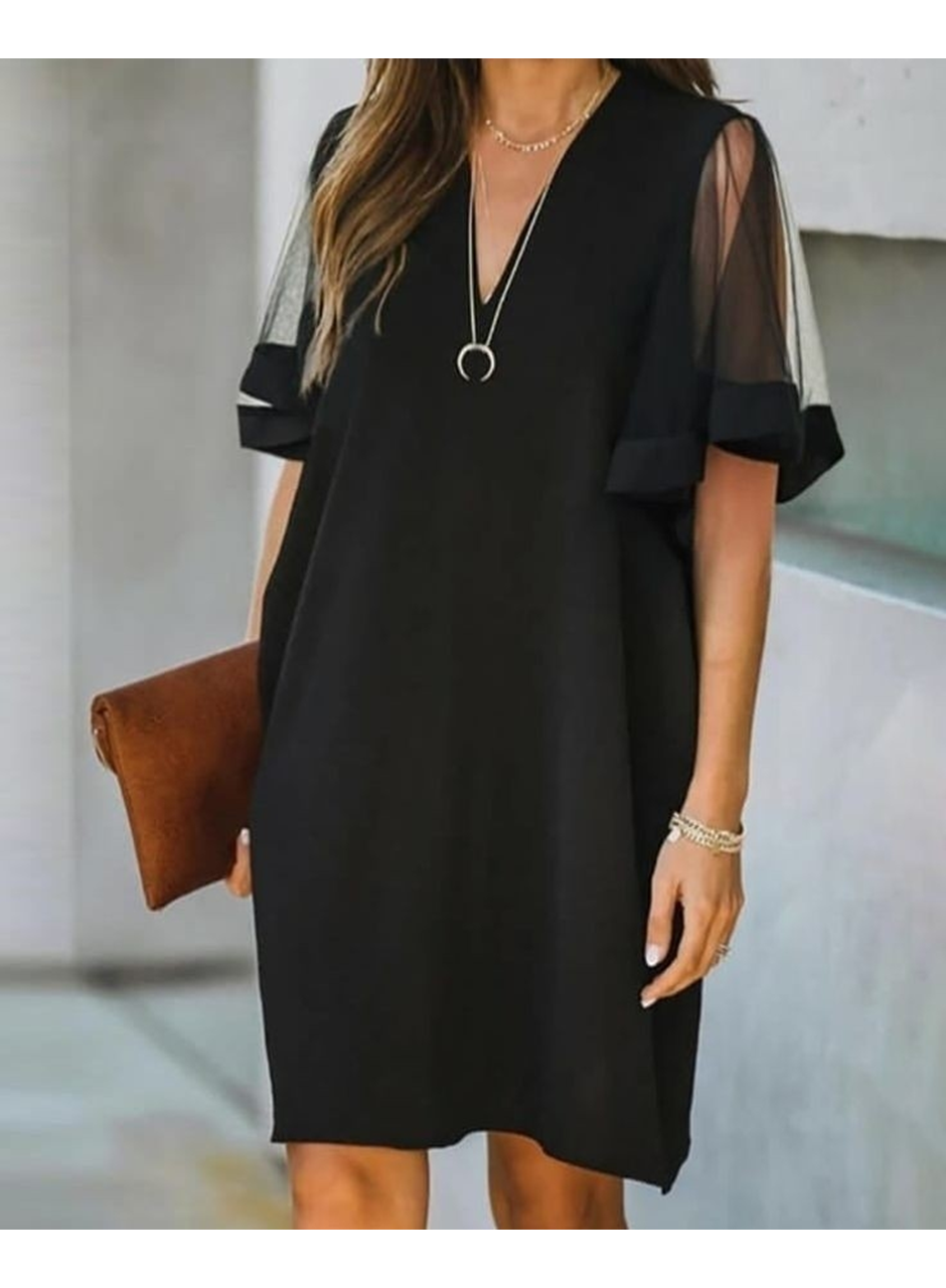 Kadın Tüllü Kısa Kollu V Yaka Krep Elbise