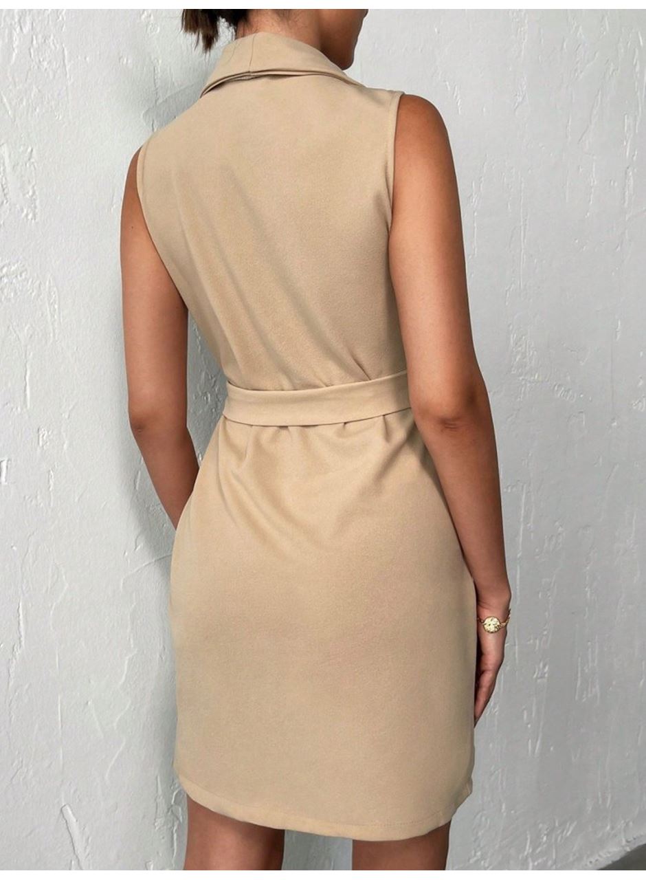 Kruvaze Yaka Kuşaklı Krep Kumaş Elbise