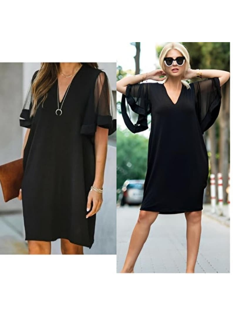 Kadın Tüllü Kısa Kollu V Yaka Krep Elbise