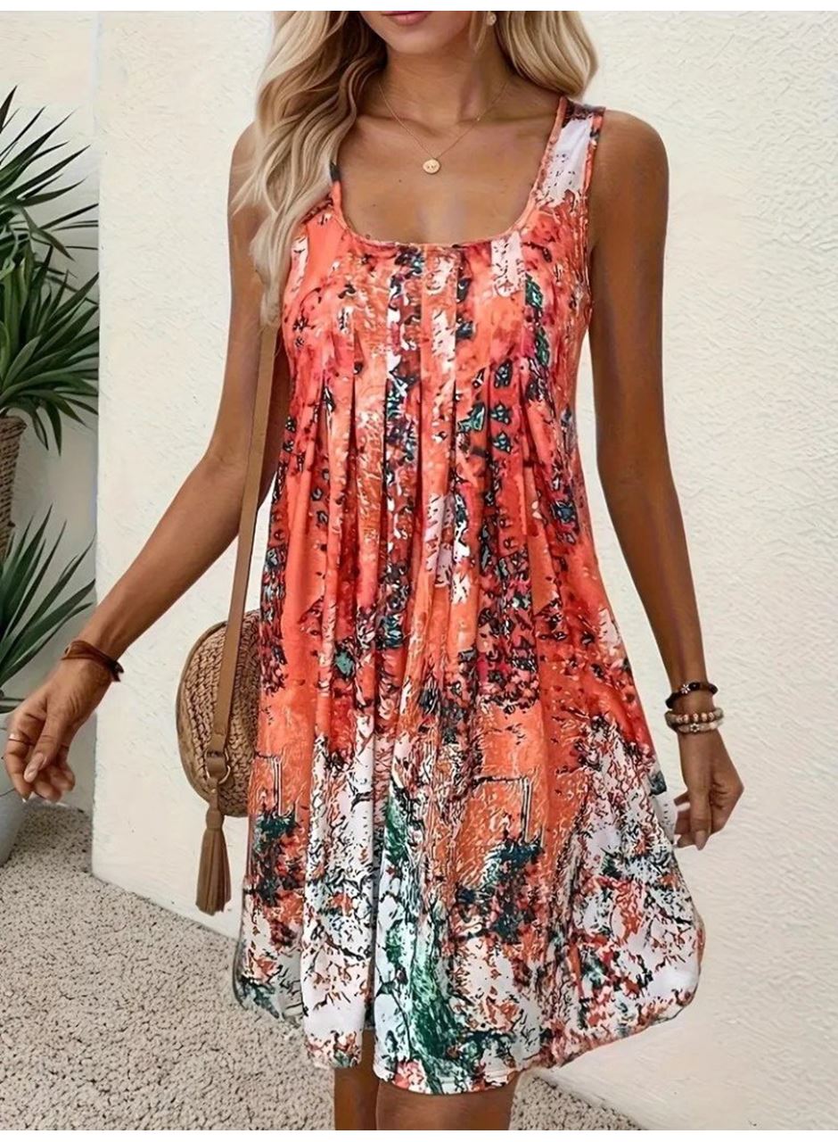 Kadın Sıfır Kollu Kare Yaka önden Pileli Salaş Süprem Elbise