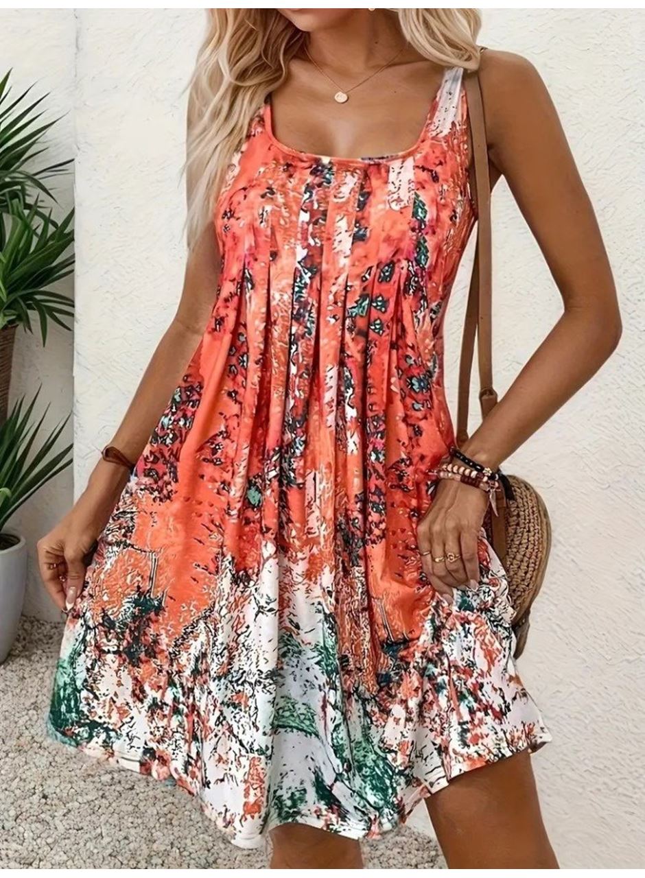 Kadın Sıfır Kollu Kare Yaka önden Pileli Salaş Süprem Elbise