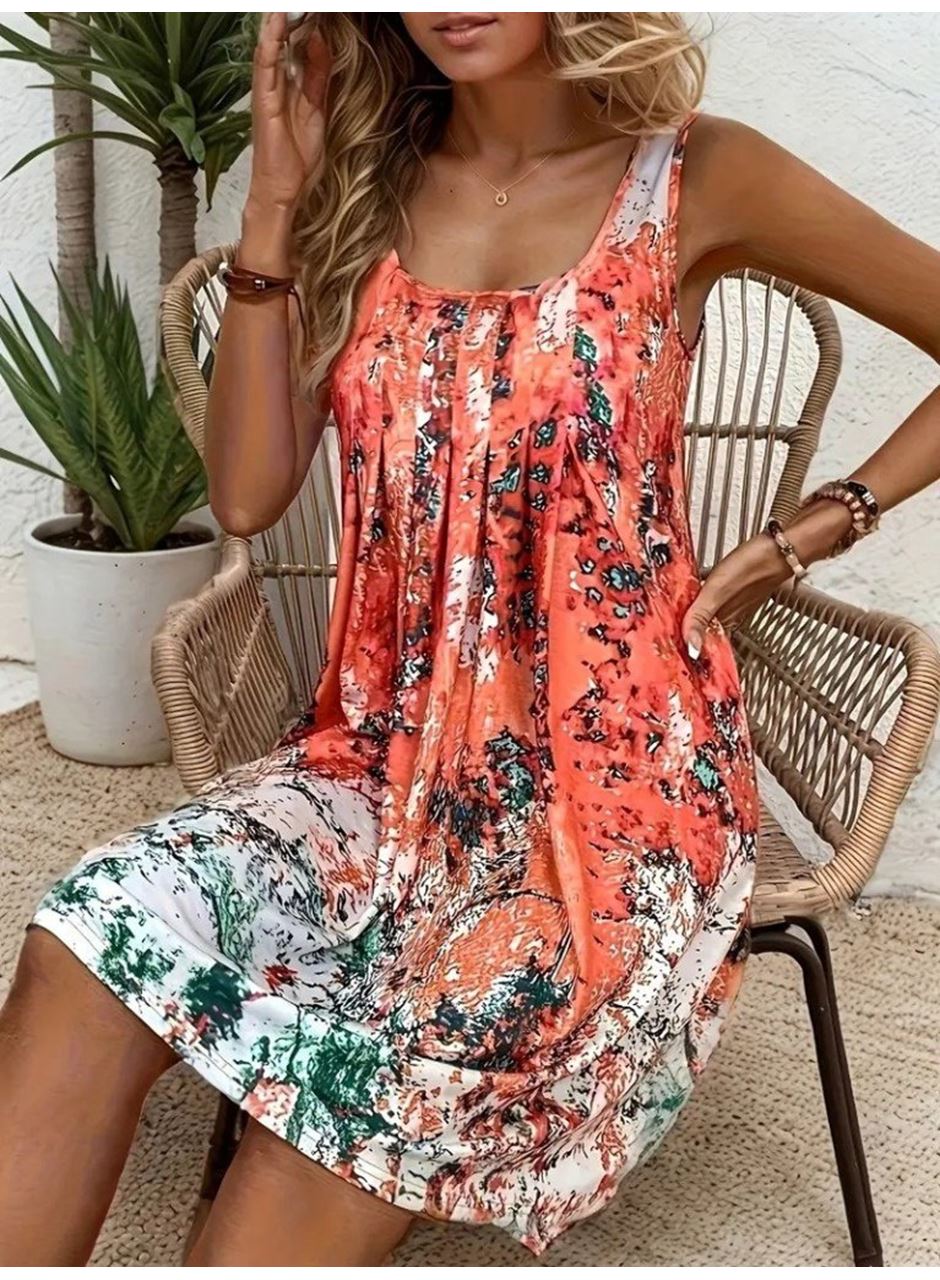 Kadın Sıfır Kollu Kare Yaka önden Pileli Salaş Süprem Elbise