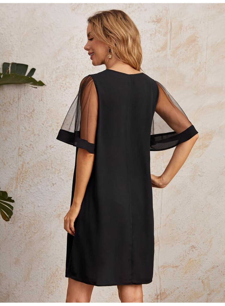 Kadın Tüllü Kısa Kollu V Yaka Krep Elbise