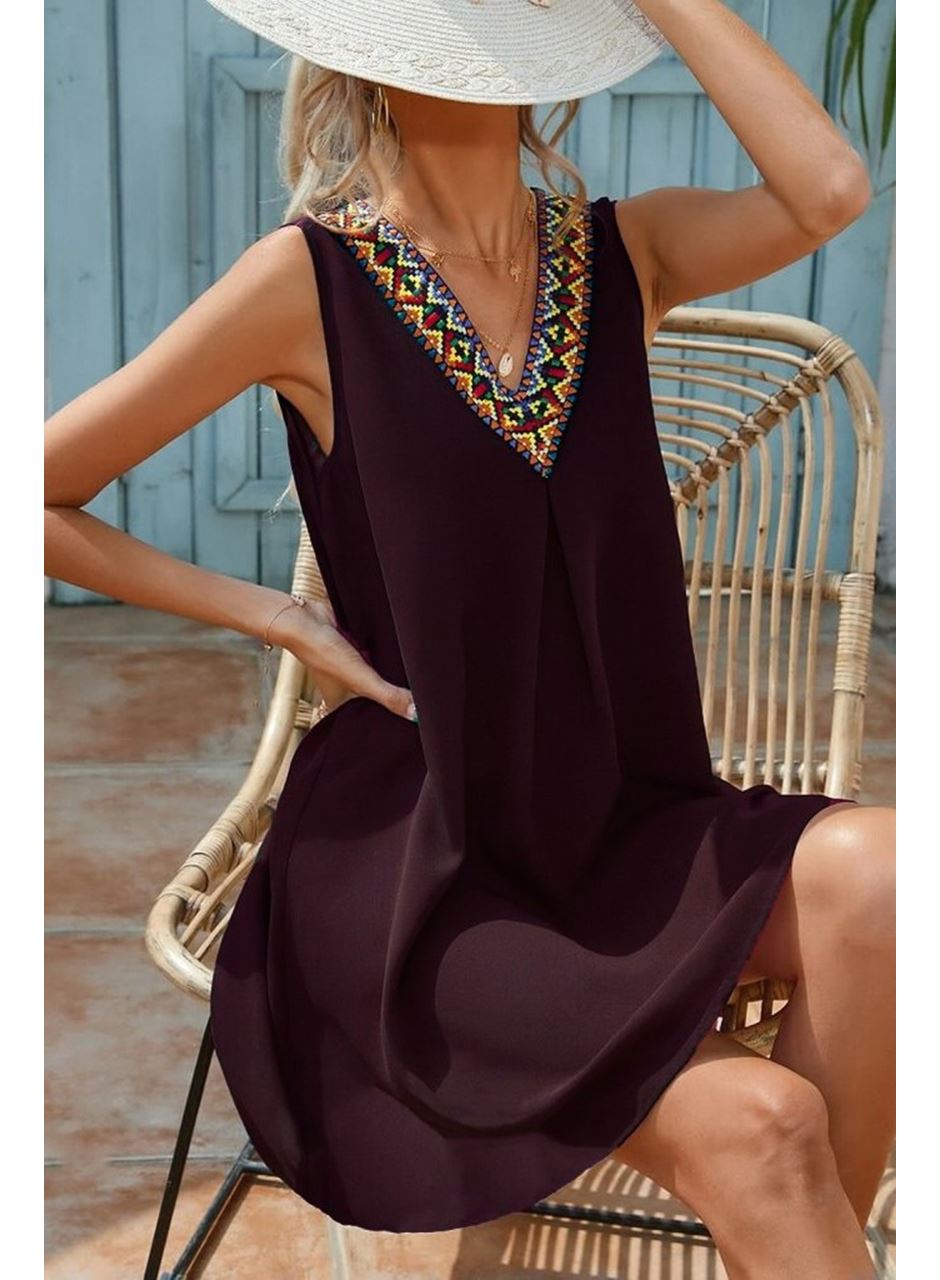 Kadın Sıfır Kol şerit Detaylı V Yaka Viskon Elbise