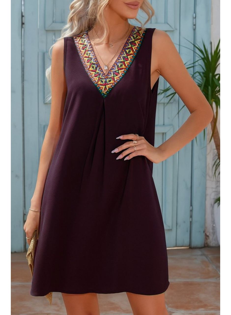 Kadın Sıfır Kol şerit Detaylı V Yaka Viskon Elbise