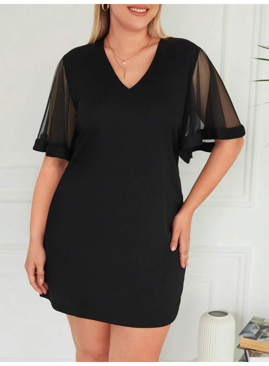 Kadın Tüllü Kısa Kollu V Yaka Krep Elbise