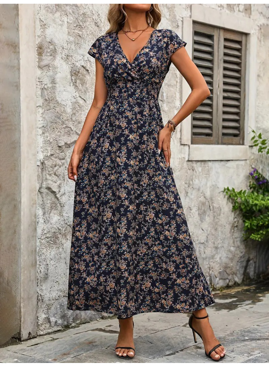 Kadın Kısa Kollu Kruvaze Yakalı çiçek Desenli Belden Lastikli Süprem Uzun Elbise