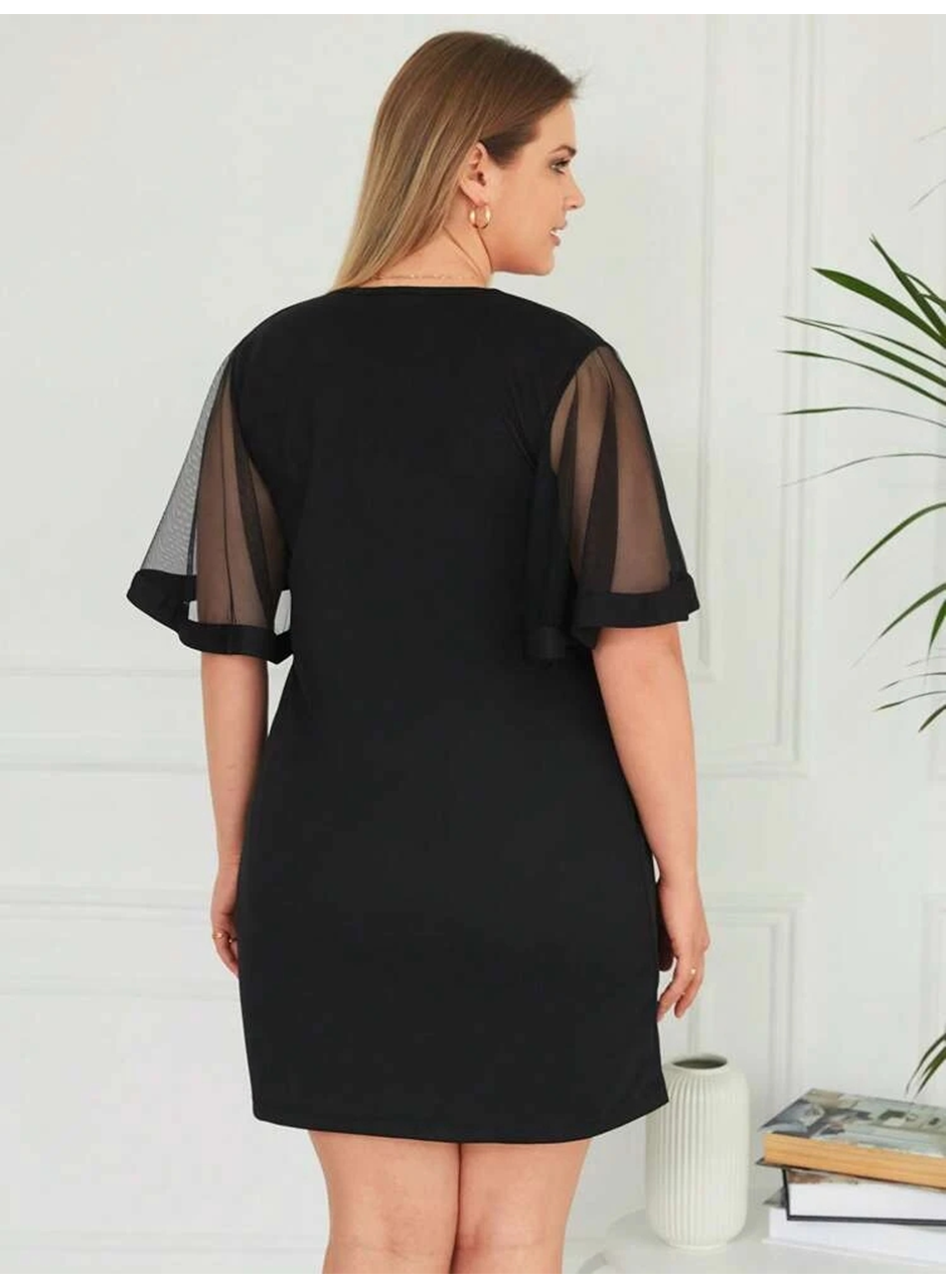 Kadın Tüllü Kısa Kollu V Yaka Krep Elbise