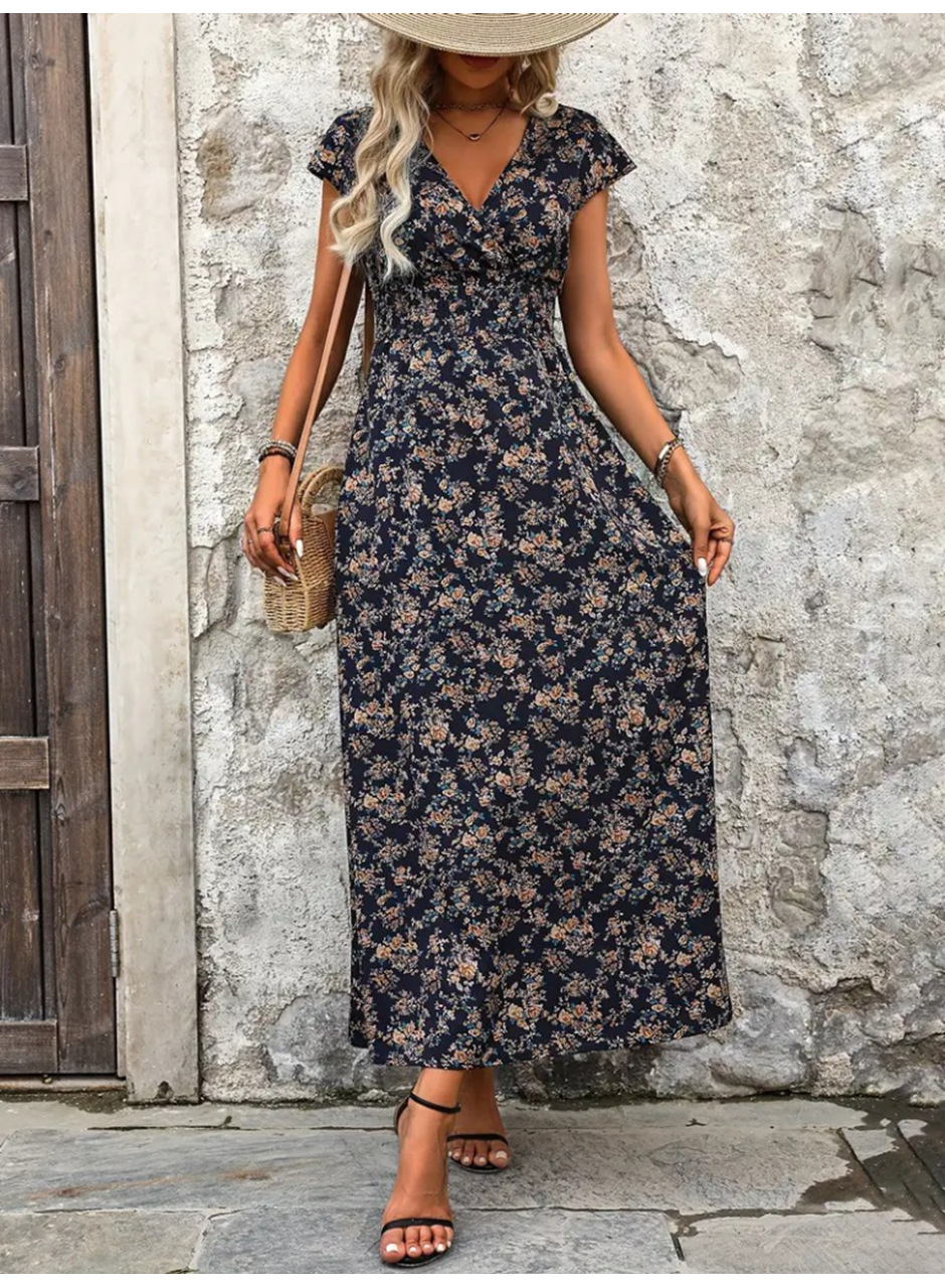 Kadın Kısa Kollu Kruvaze Yakalı çiçek Desenli Belden Lastikli Süprem Uzun Elbise