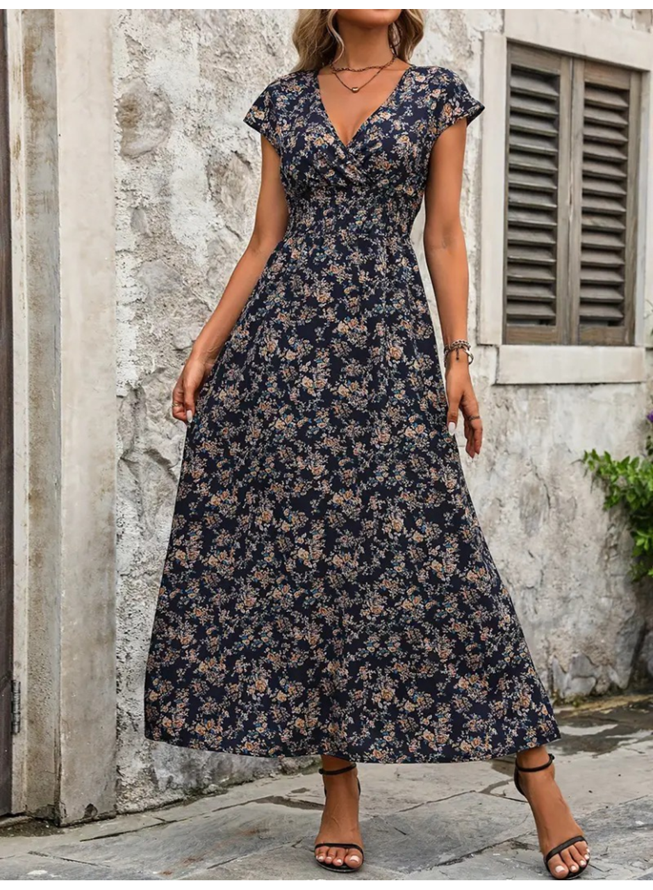 Kadın Kısa Kollu Kruvaze Yakalı çiçek Desenli Belden Lastikli Süprem Uzun Elbise