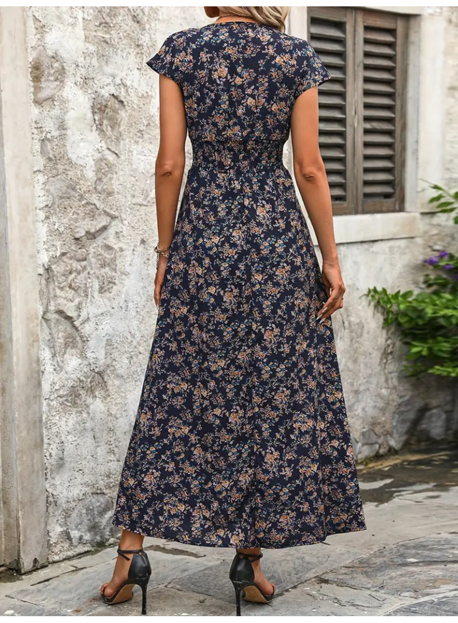 Kadın Kısa Kollu Kruvaze Yakalı çiçek Desenli Belden Lastikli Süprem Uzun Elbise