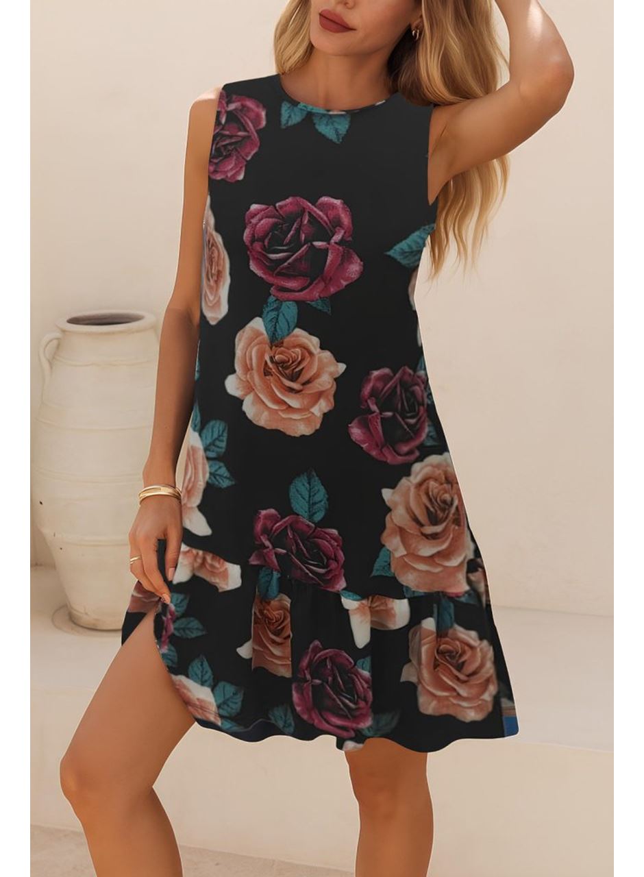 Kadın Kolsuz Sırttan Bağlamalı Fırfırlı Leopar Desenli Süprem Elbise