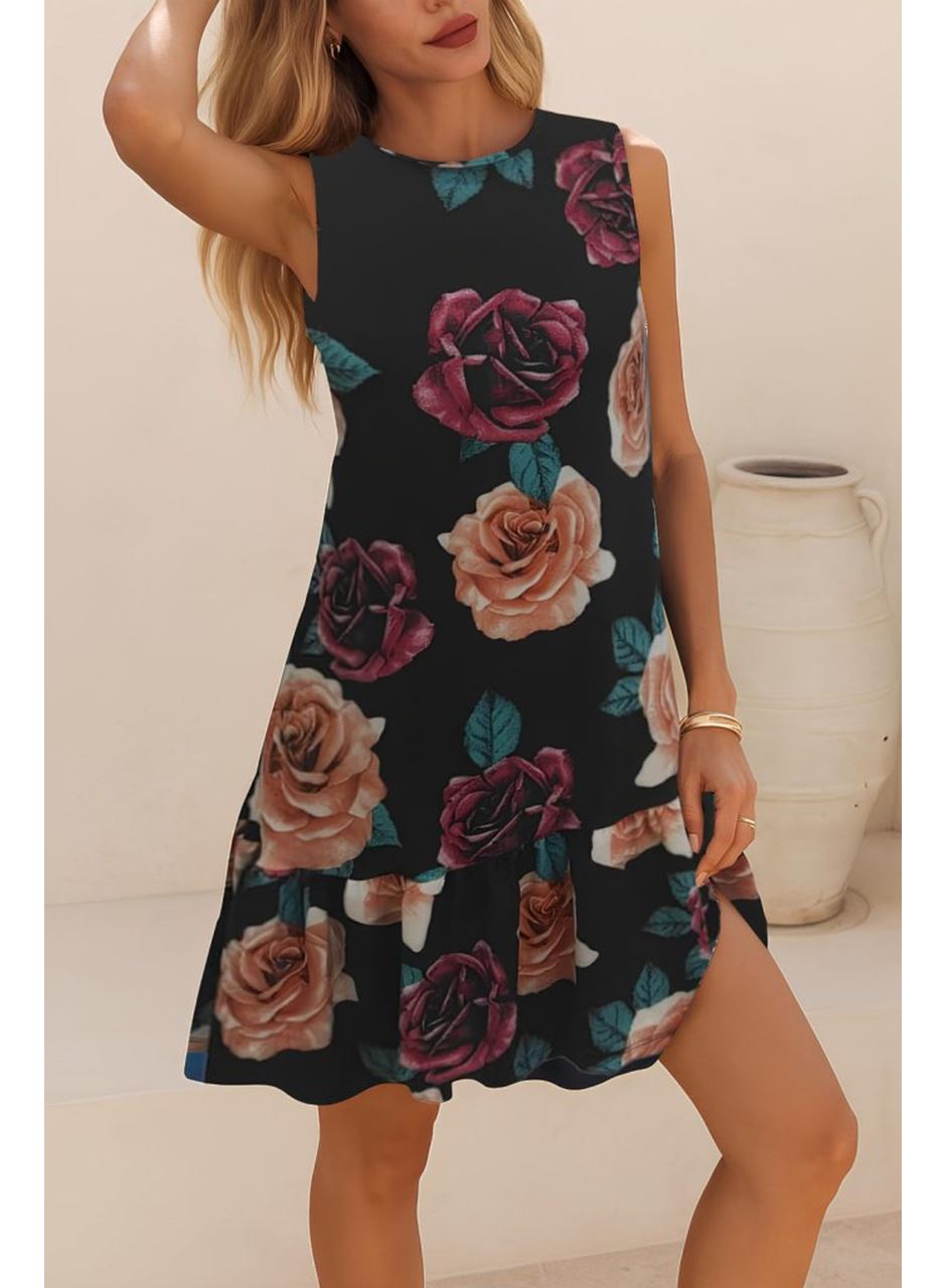 Kadın Kolsuz Sırttan Bağlamalı Fırfırlı Leopar Desenli Süprem Elbise