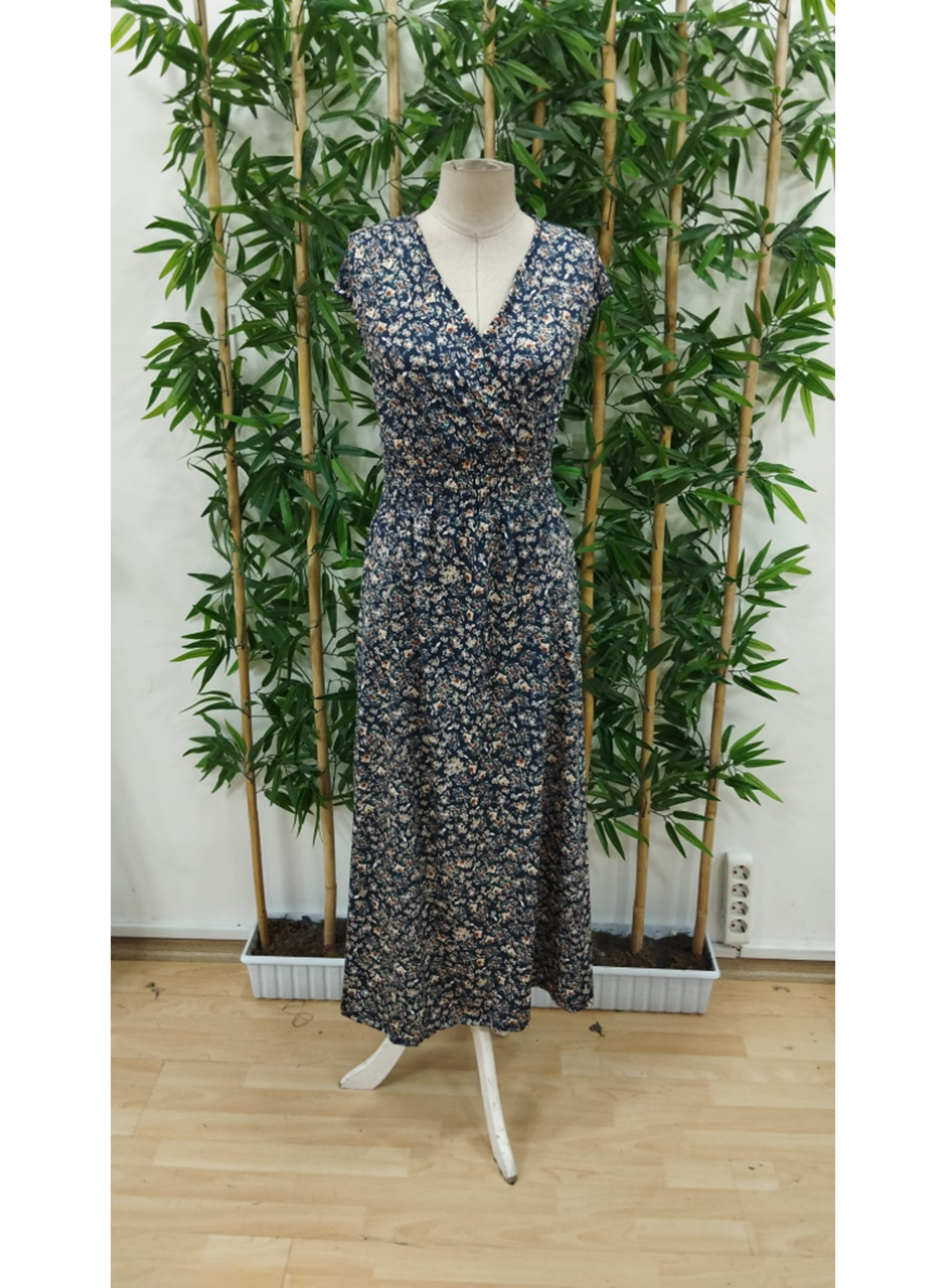 Kadın Kısa Kollu Kruvaze Yakalı çiçek Desenli Belden Lastikli Süprem Uzun Elbise