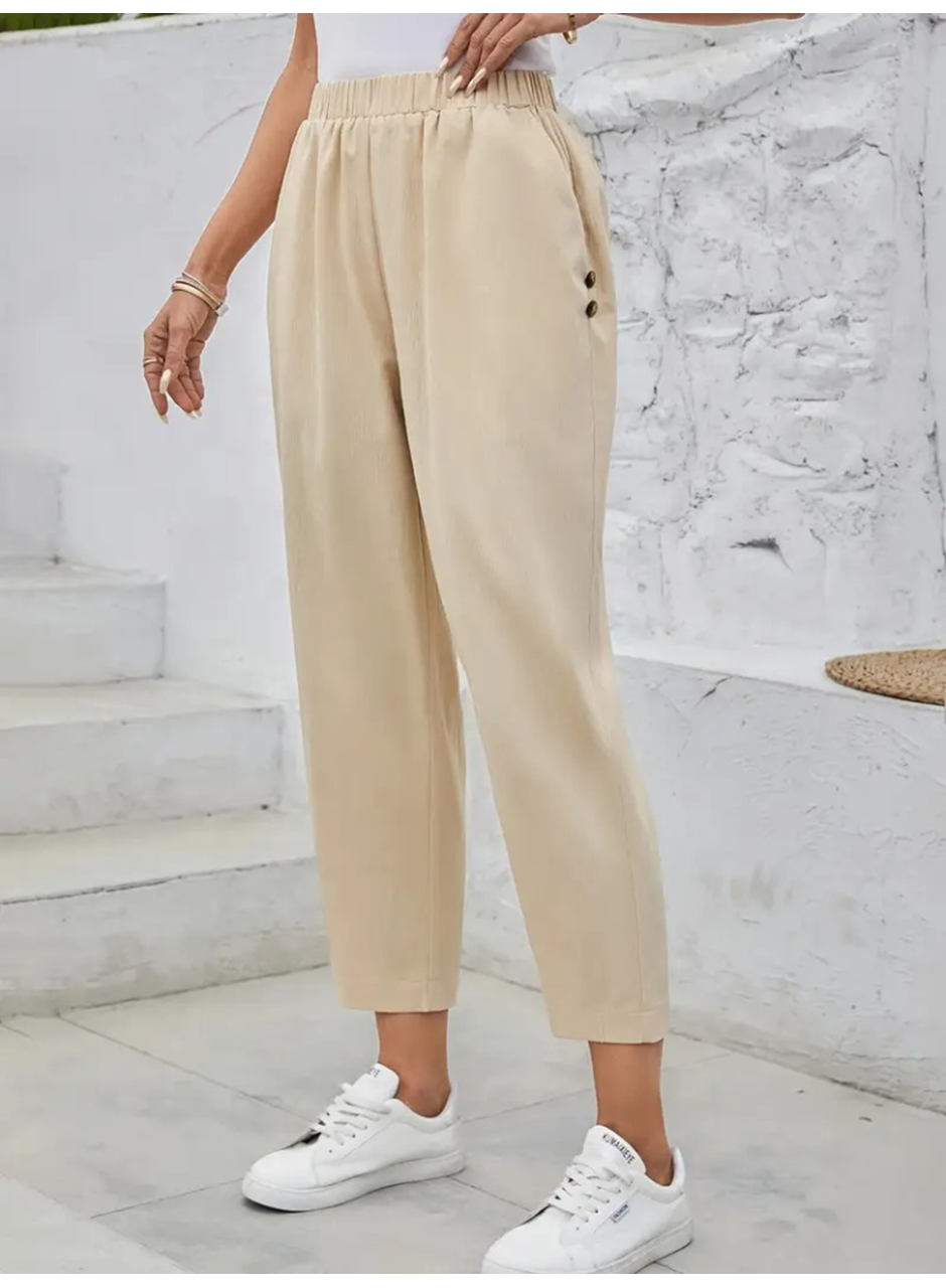 Kadın Yüksek Bel Yandan Cepli Düğme Detaylı Geniş Kesim Ithal Krep Pantolon