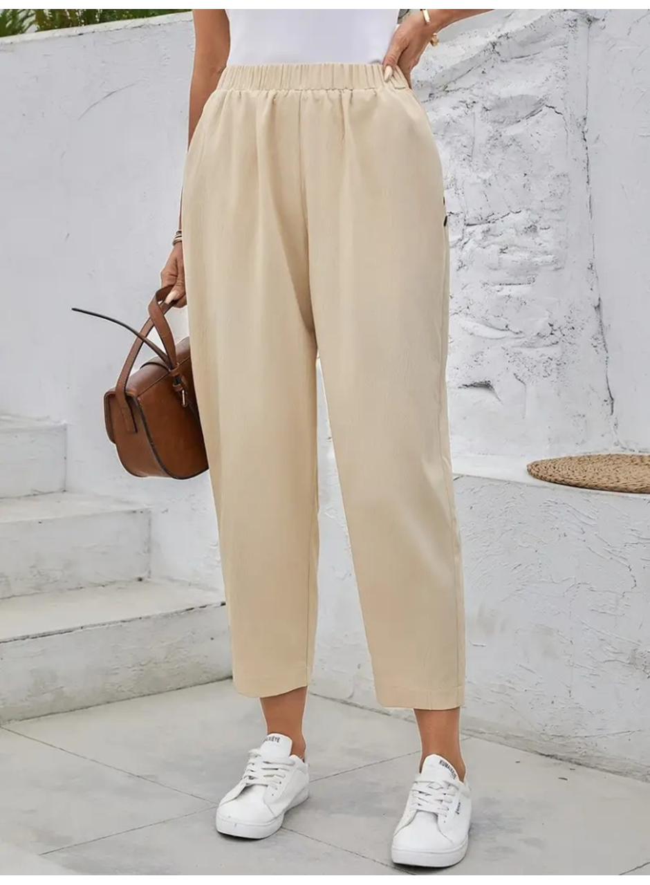 Kadın Yüksek Bel Yandan Cepli Düğme Detaylı Geniş Kesim Ithal Krep Pantolon