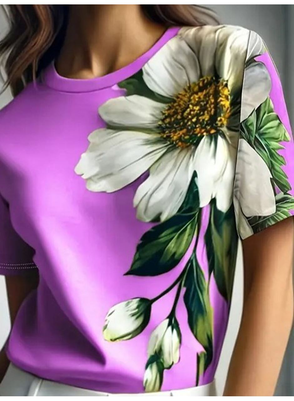 Kadın Kısa Kollu Bisiklet Yaka çiçek Baskılı Süprem Bluz