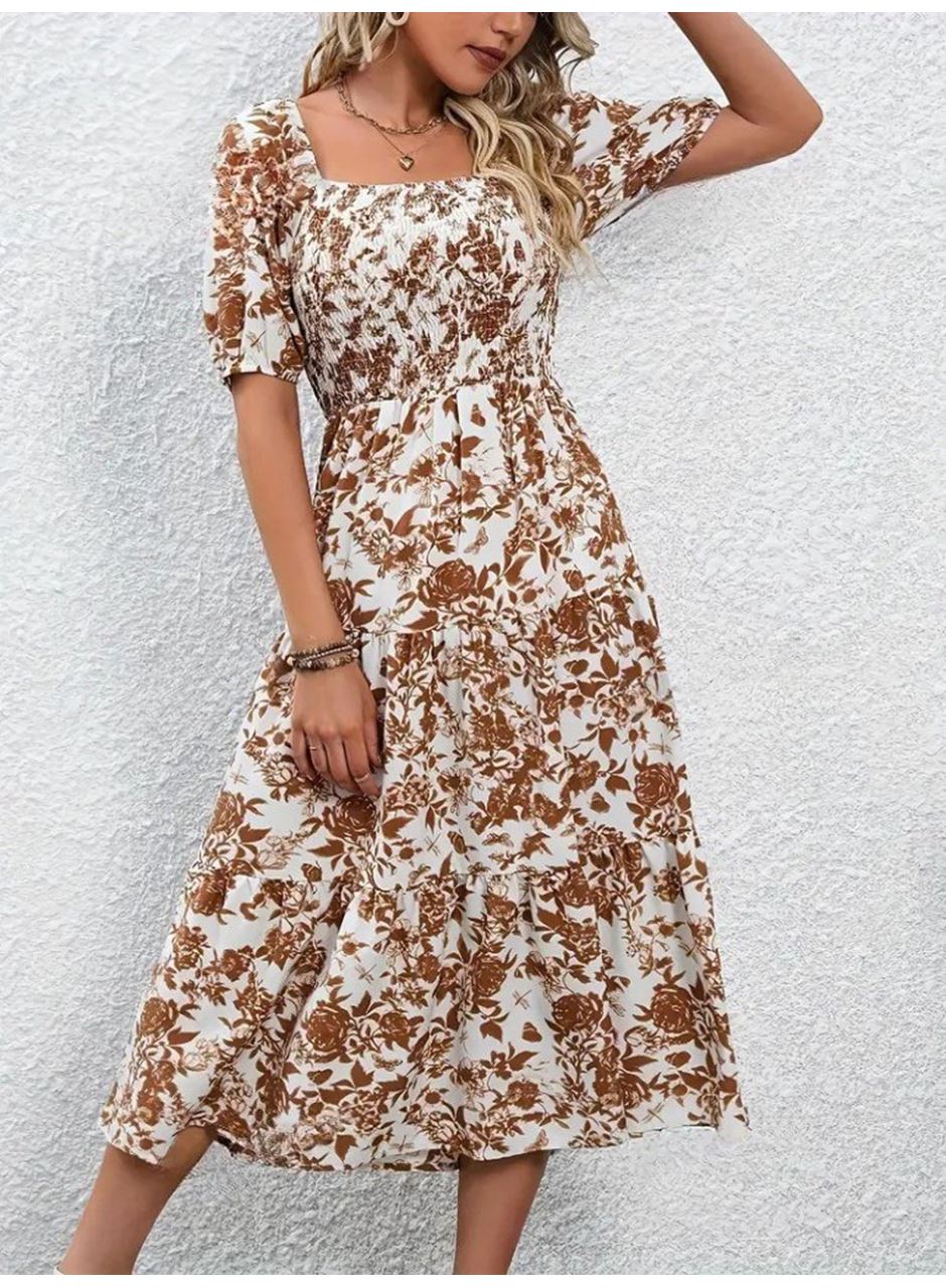 Kadın Kısa Kollu Kare Yakalı Lastikli Desenli Süprem Elbise