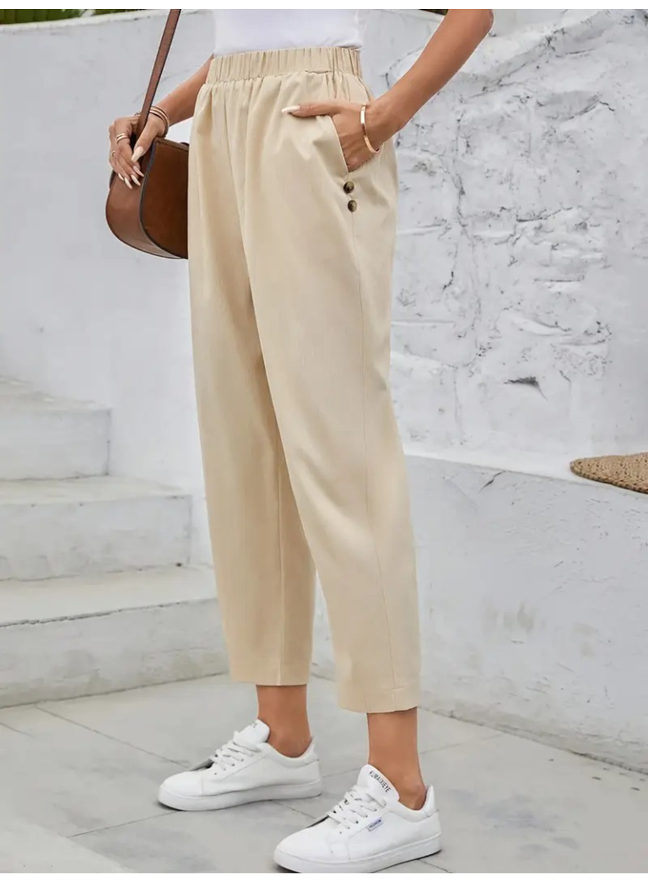 Kadın Yüksek Bel Yandan Cepli Düğme Detaylı Geniş Kesim Ithal Krep Pantolon