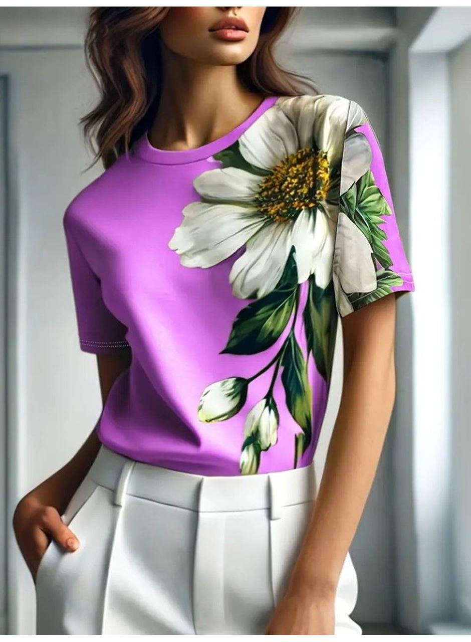 Kadın Kısa Kollu Bisiklet Yaka çiçek Baskılı Süprem Bluz