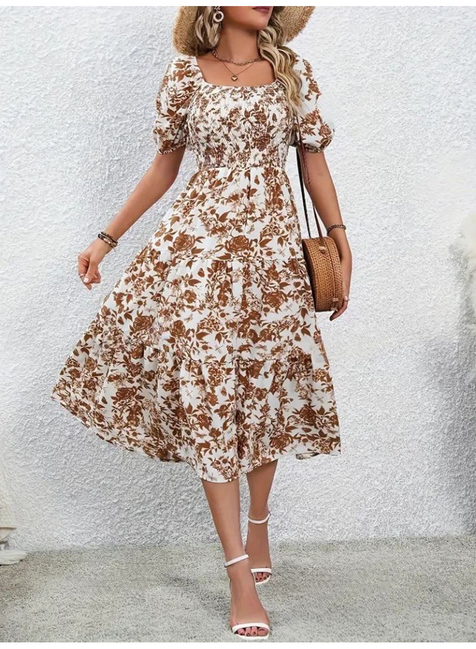 Kadın Kısa Kollu Kare Yakalı Lastikli Desenli Süprem Elbise