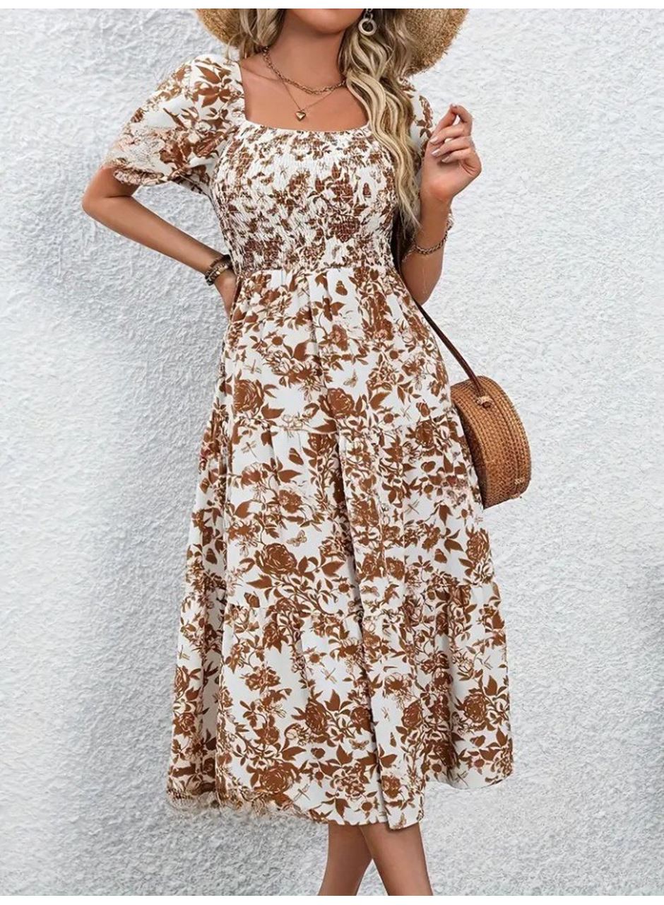 Kadın Kısa Kollu Kare Yakalı Lastikli Desenli Süprem Elbise