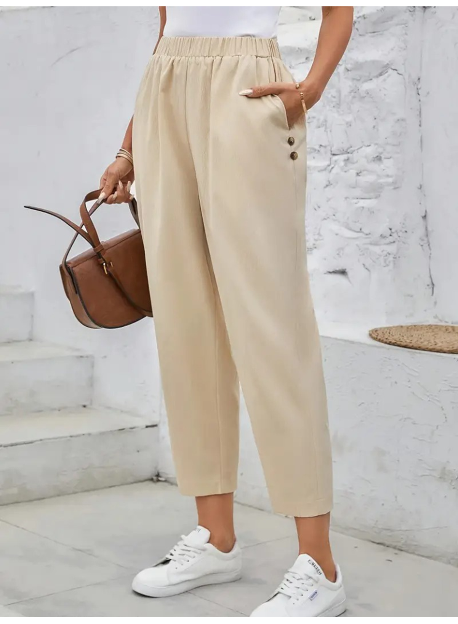 Kadın Yüksek Bel Yandan Cepli Düğme Detaylı Geniş Kesim Ithal Krep Pantolon