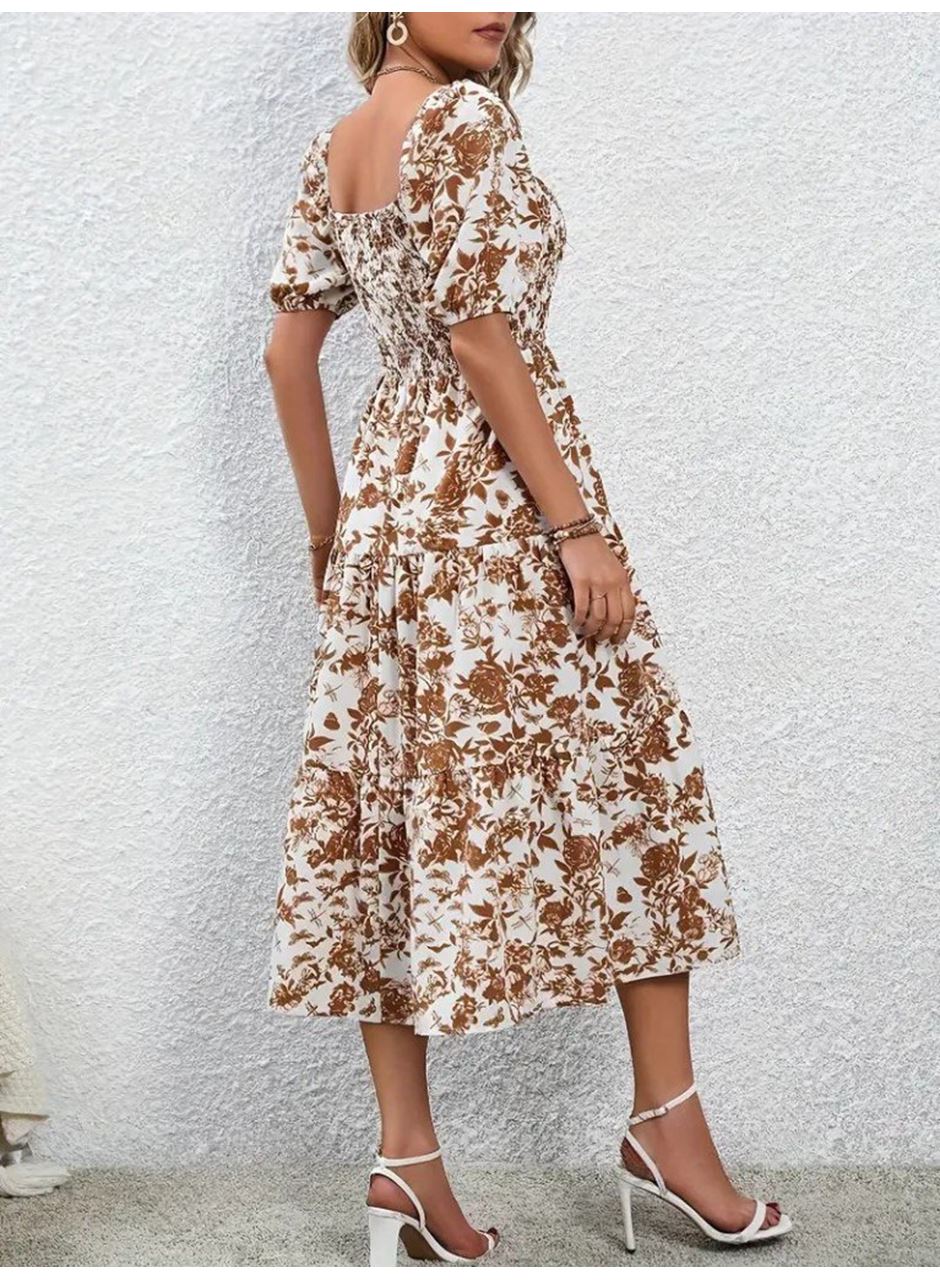 Kadın Kısa Kollu Kare Yakalı Lastikli Desenli Süprem Elbise