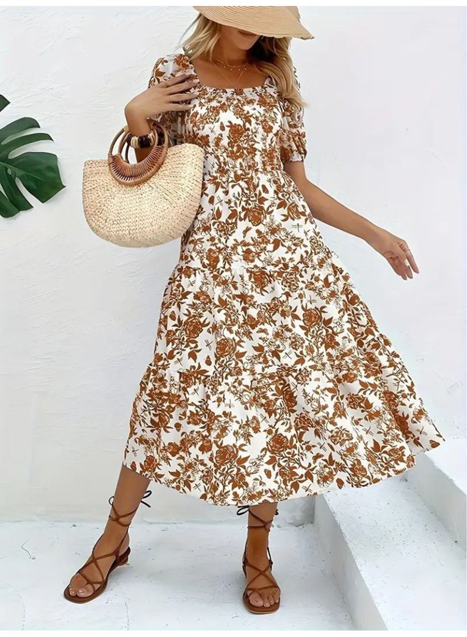 Kadın Kısa Kollu Kare Yakalı Lastikli Desenli Süprem Elbise