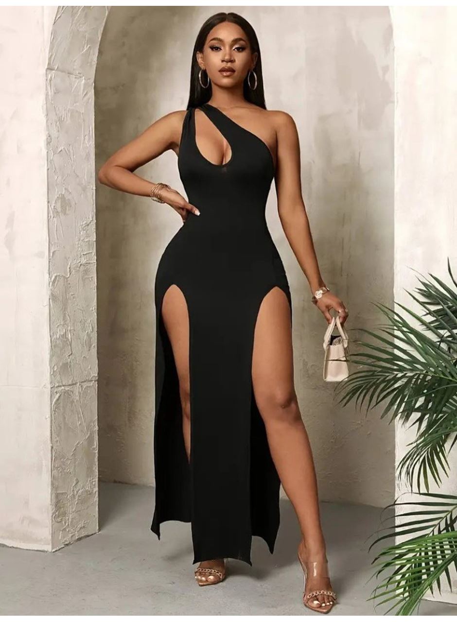 Kadın Tek Omuzdan Açık Damla Detaylı Yırtmaç Detaylı Uzun Janjan Krep Elbise