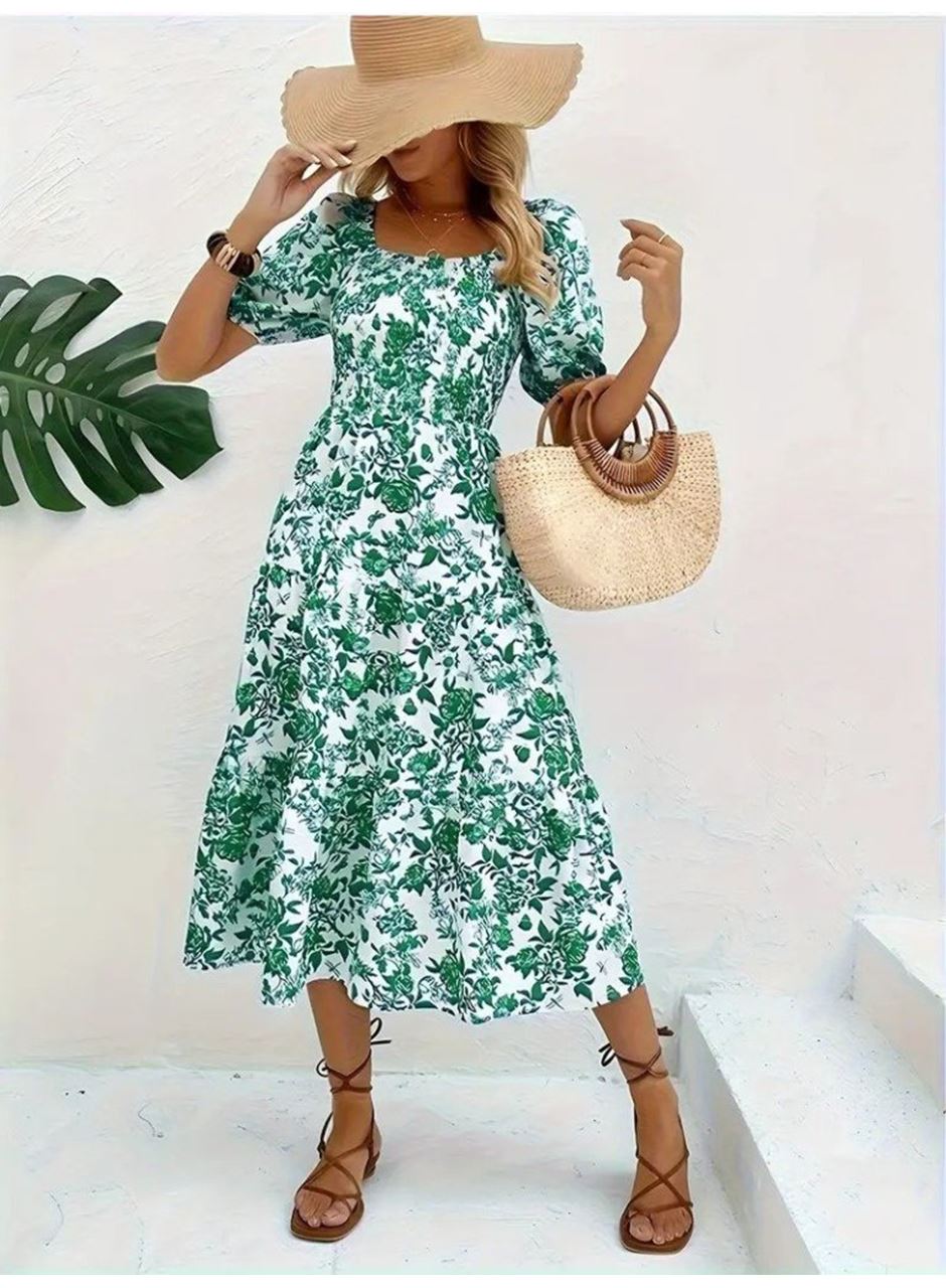 Kadın Kısa Kollu Kare Yakalı Lastikli Desenli Süprem Elbise