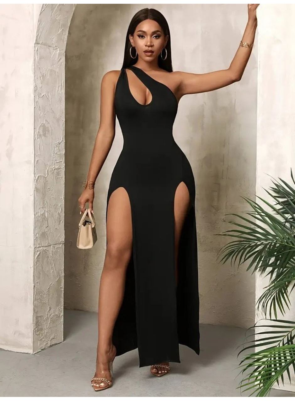 Kadın Tek Omuzdan Açık Damla Detaylı Yırtmaç Detaylı Uzun Janjan Krep Elbise