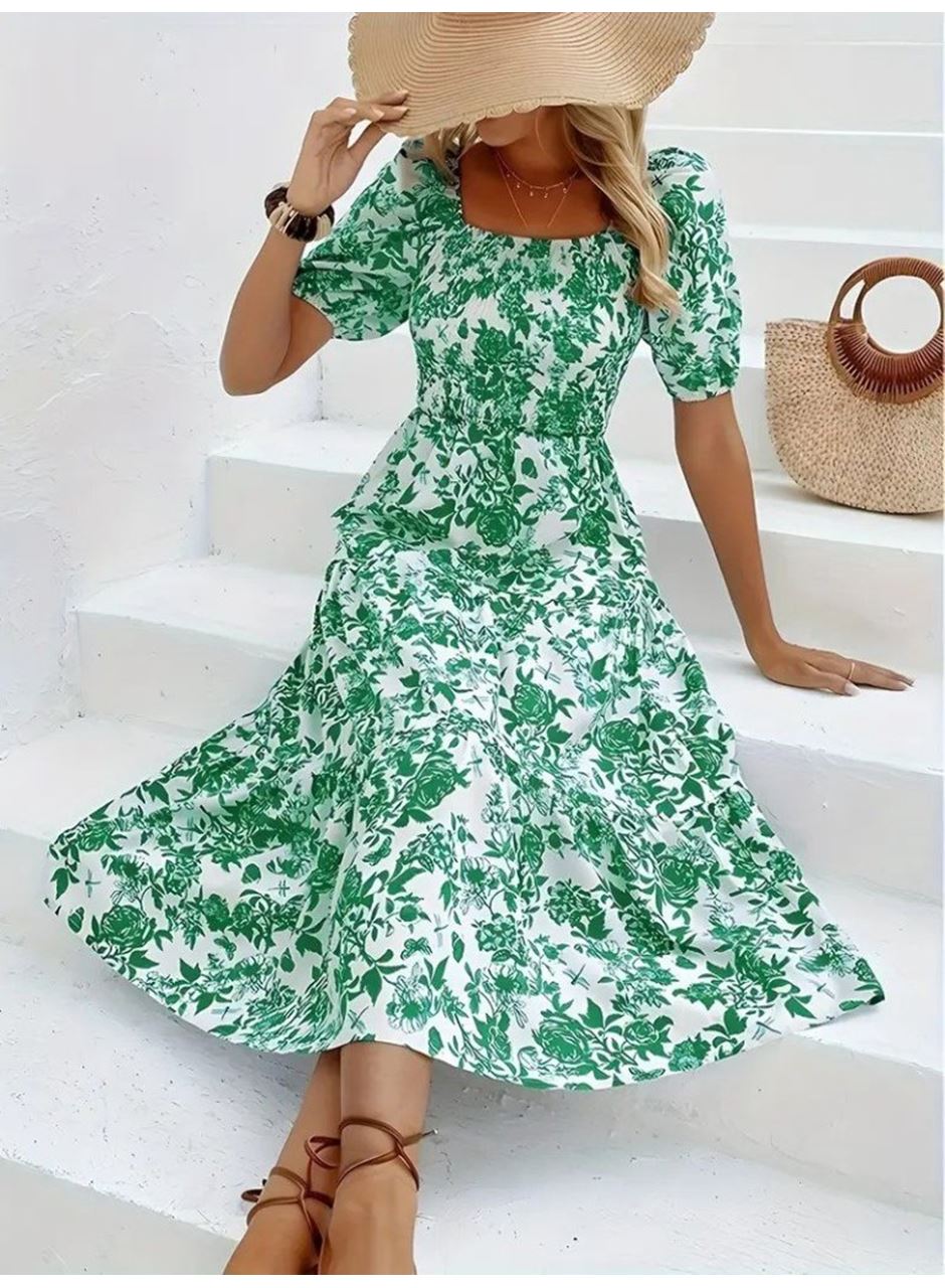 Kadın Kısa Kollu Kare Yakalı Lastikli Desenli Süprem Elbise