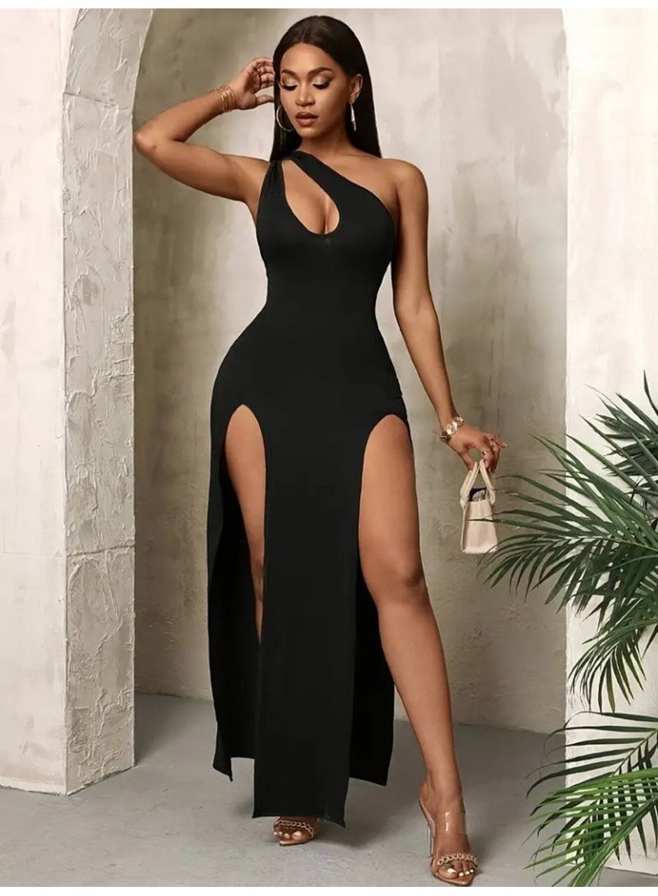 Kadın Tek Omuzdan Açık Damla Detaylı Yırtmaç Detaylı Uzun Janjan Krep Elbise