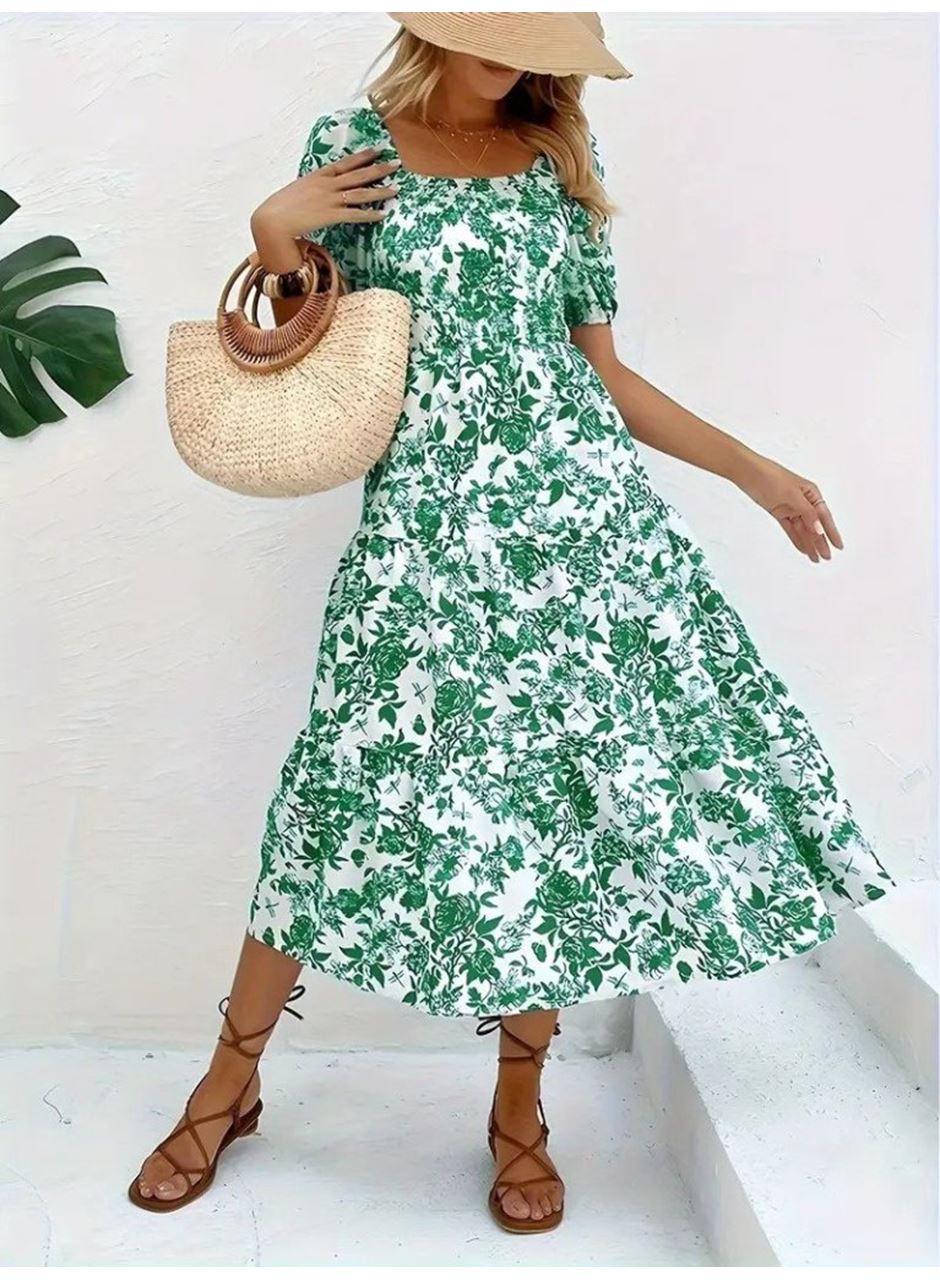 Kadın Kısa Kollu Kare Yakalı Lastikli Desenli Süprem Elbise