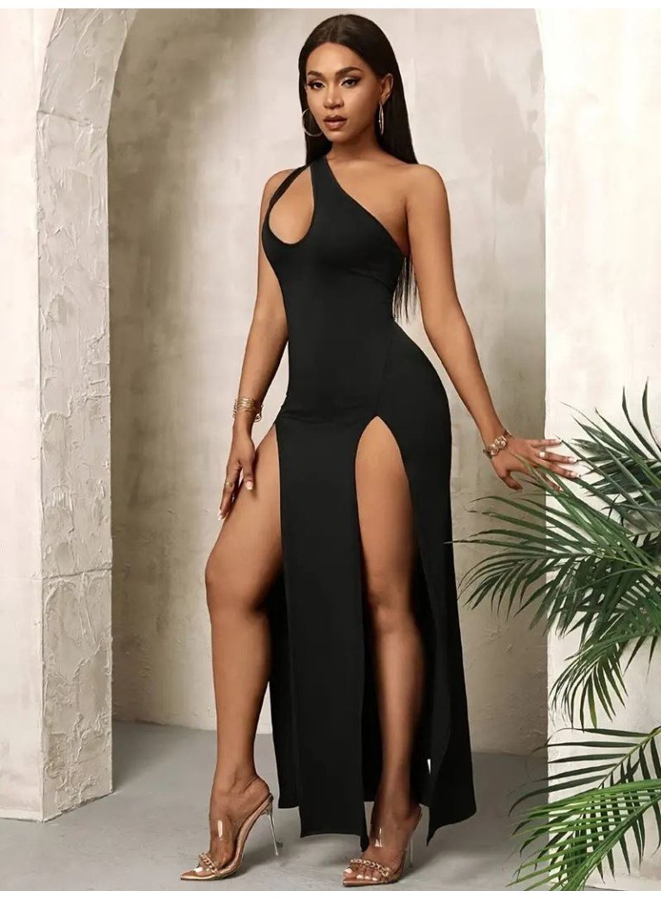 Kadın Tek Omuzdan Açık Damla Detaylı Yırtmaç Detaylı Uzun Janjan Krep Elbise