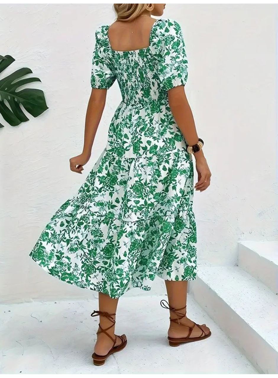 Kadın Kısa Kollu Kare Yakalı Lastikli Desenli Süprem Elbise