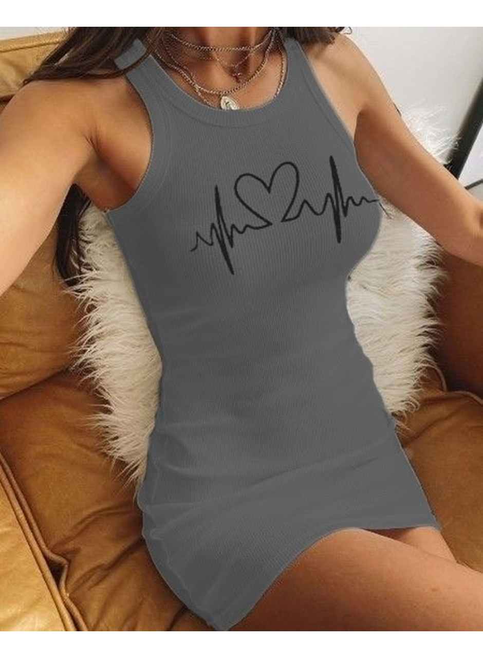 Ritim Kalp Baskılı Sıfır Kol Kaşkorse Elbise