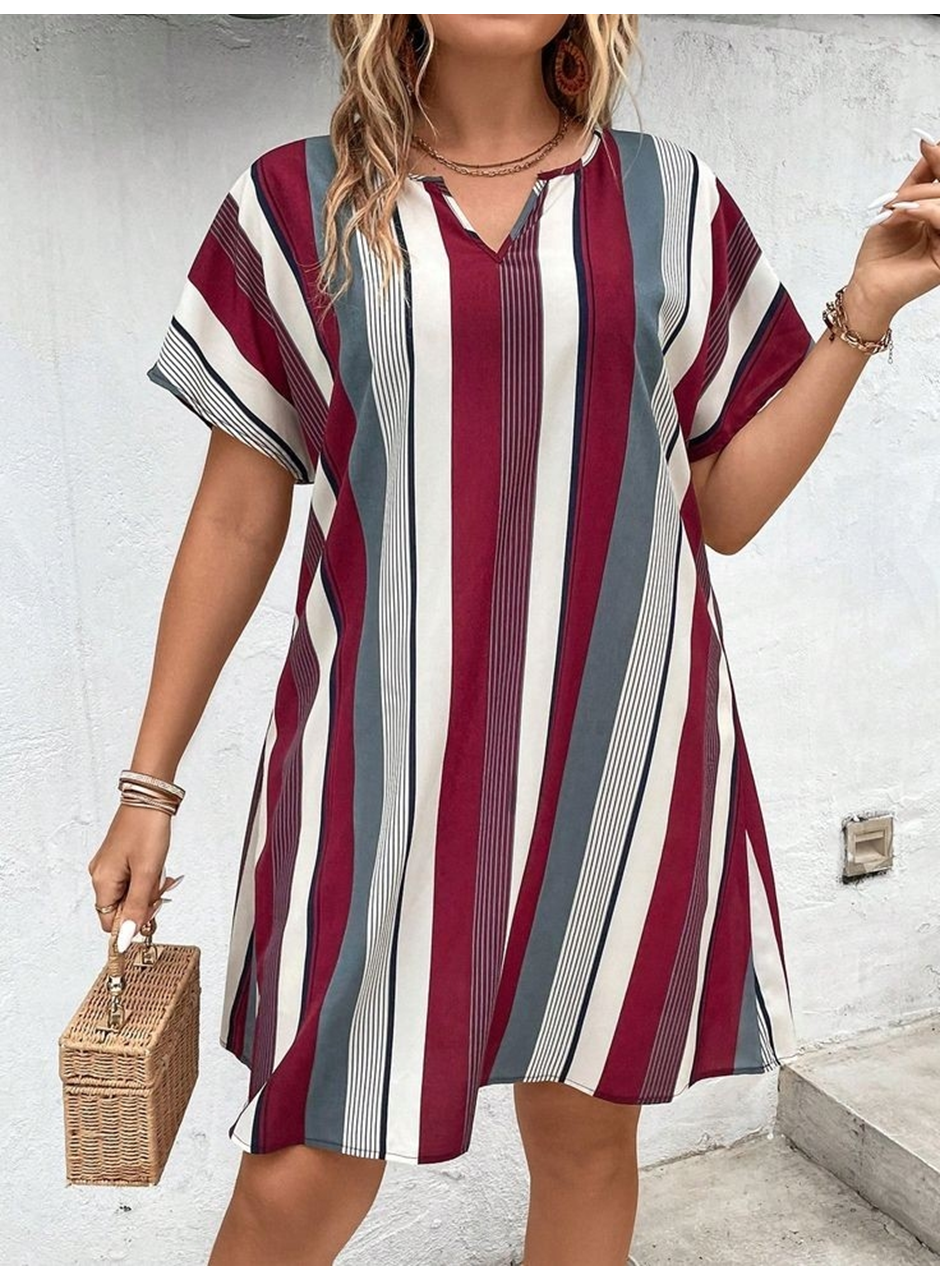 Kadın Kısa Kollu V Yakalı çizgi Baskılı Süprem Elbise