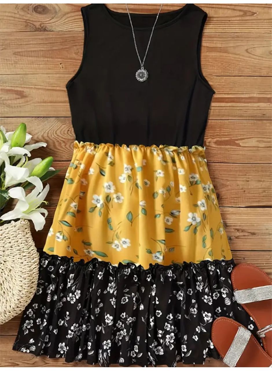 Kadın Askılı Yuvarlak Yaka çiçek Baskılı Salaş Süprem Elbise