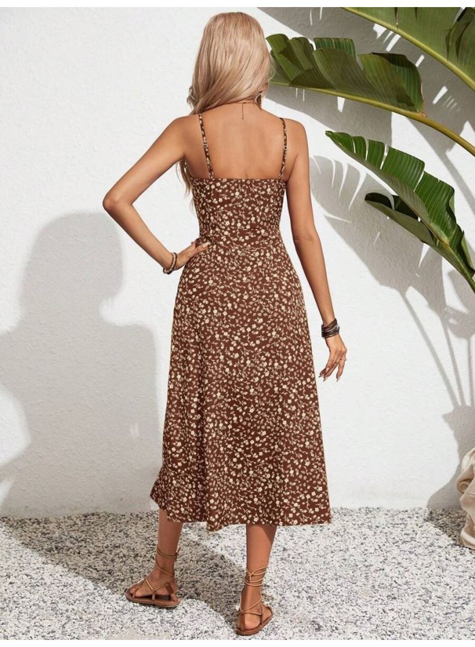 Kadın Ip Askılı Geniş V Yaka Bağcıklı Yandan Yırtmaçlı çiçek Desenli Midi Süprem Elbise