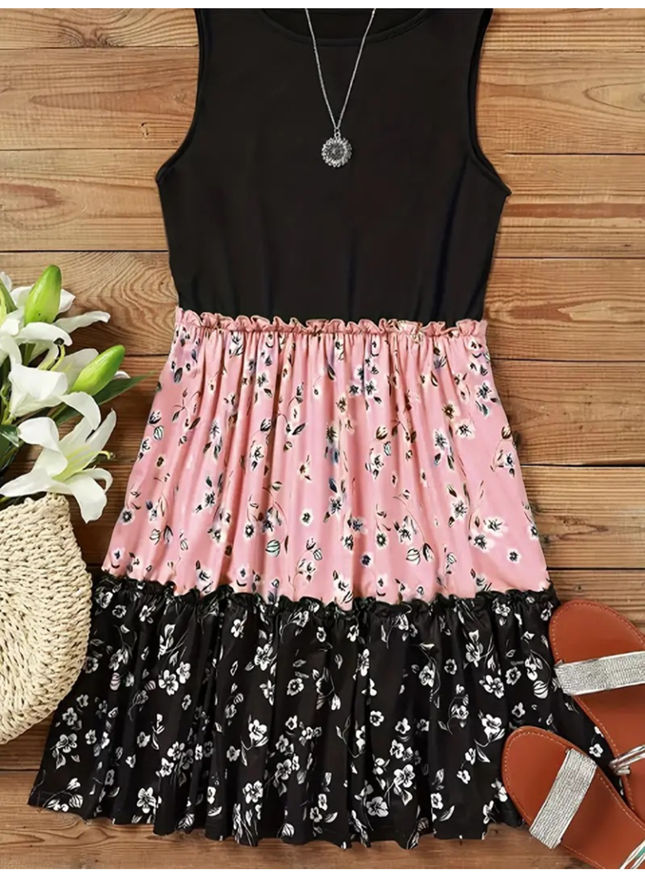 Kadın Askılı Yuvarlak Yaka çiçek Baskılı Salaş Süprem Elbise