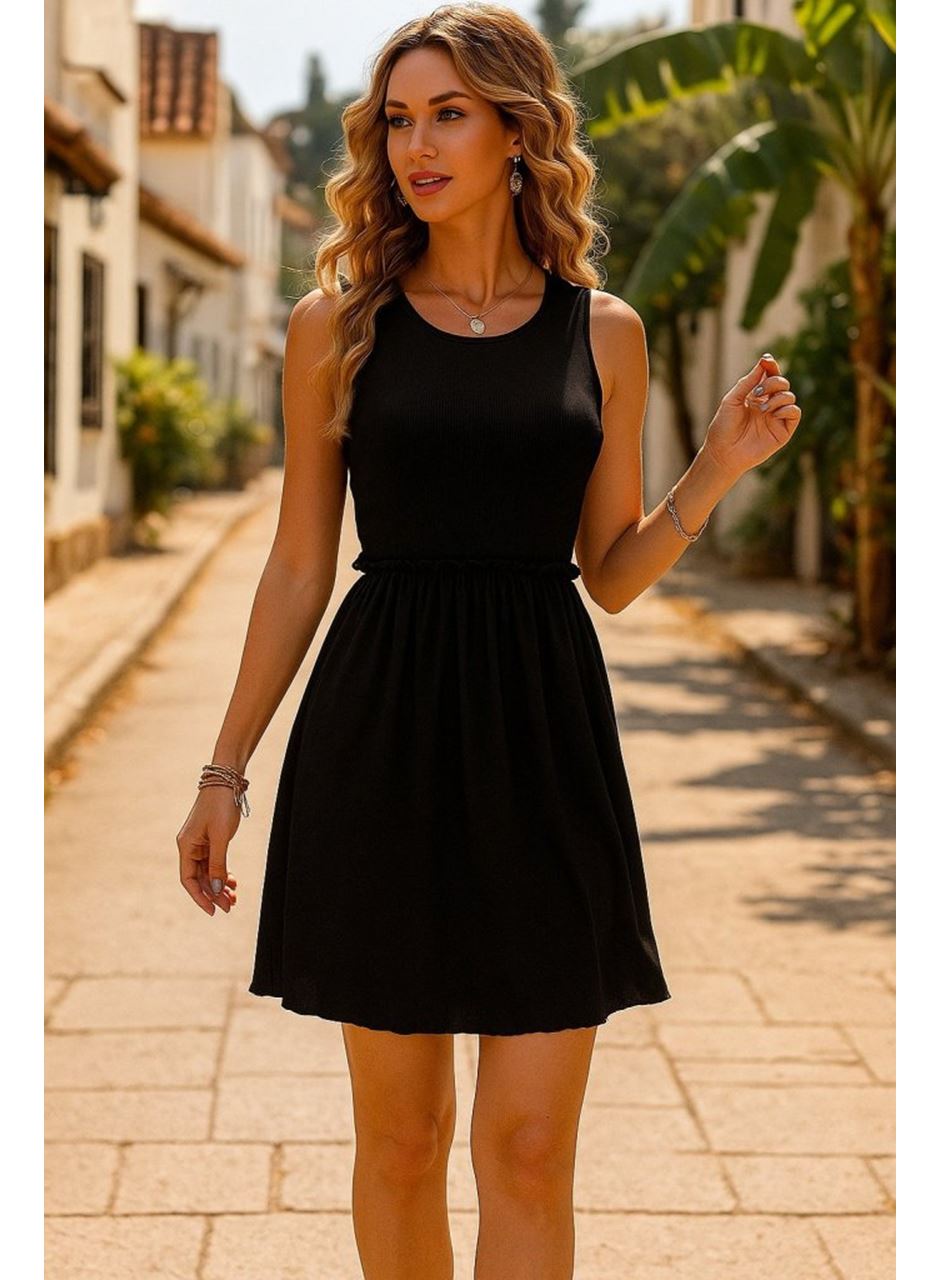 Kadın Kolsuz Bel Lastik Ve Büzgü Detay Viskon Mini Elbise