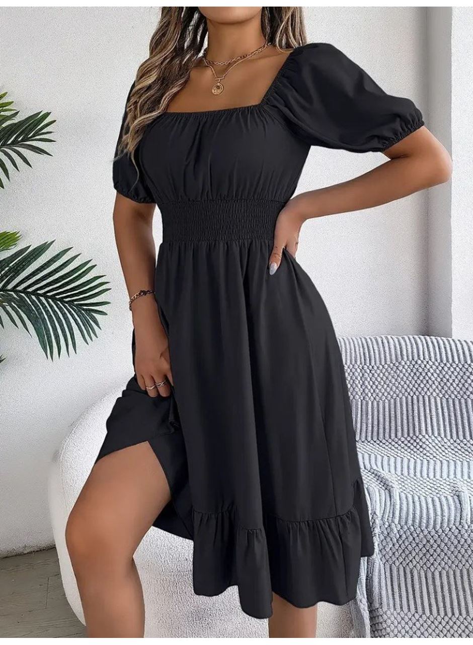 Kadın Kısa Kollu Kare Yakalı Beli Lastikli Kısa Trikoton Elbise