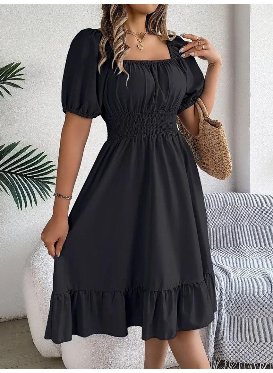 Kadın Kısa Kollu Kare Yakalı Beli Lastikli Kısa Trikoton Elbise