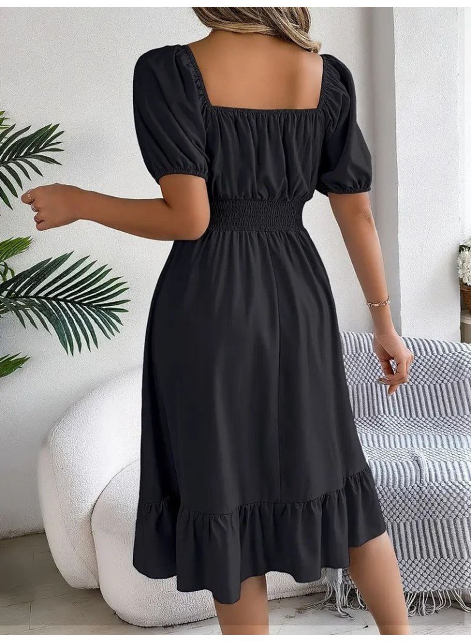 Kadın Kısa Kollu Kare Yakalı Beli Lastikli Kısa Trikoton Elbise