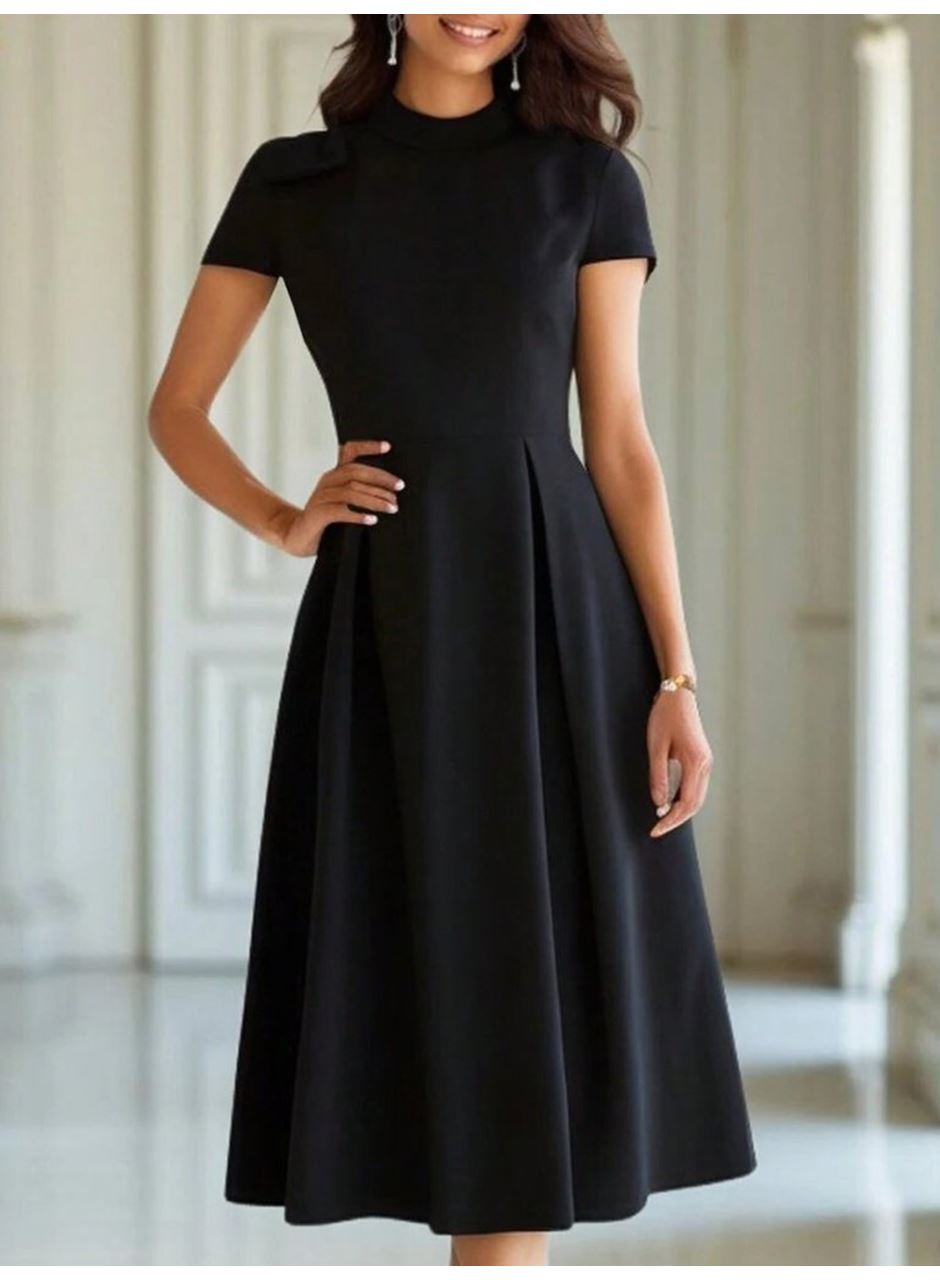 Kadın Kısa Kollu Yarı Balıkçı Yaka Pileli Janjan Krep Midi Elbise