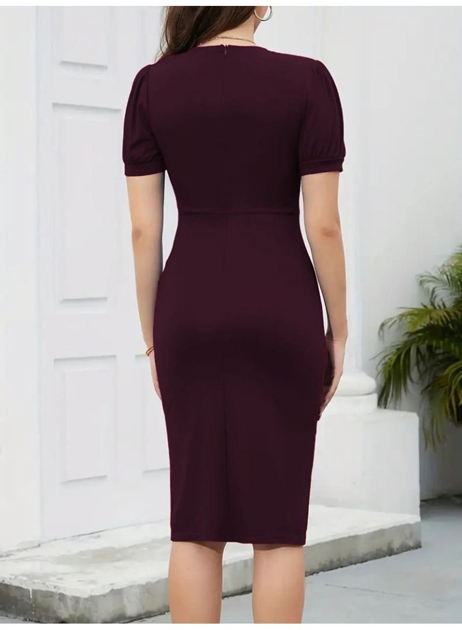 Kadın Kısa Kollu V Yakalı önden Fırfırlı Ithal Krep Elbise
